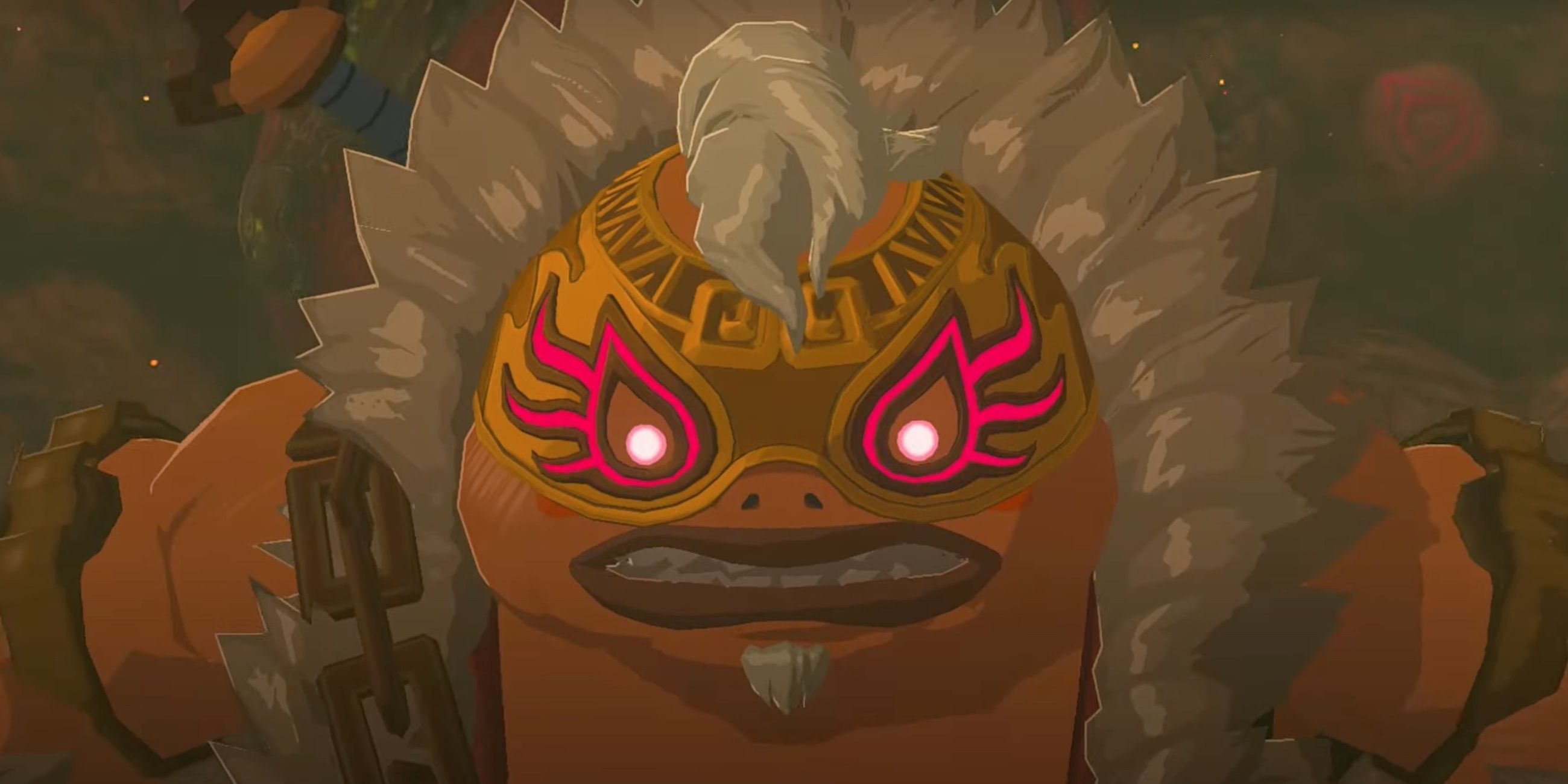 Yunobo looking extremely angry while wearing a strange mask in The Legend Of Zelda: Tears Of The Kingdom.