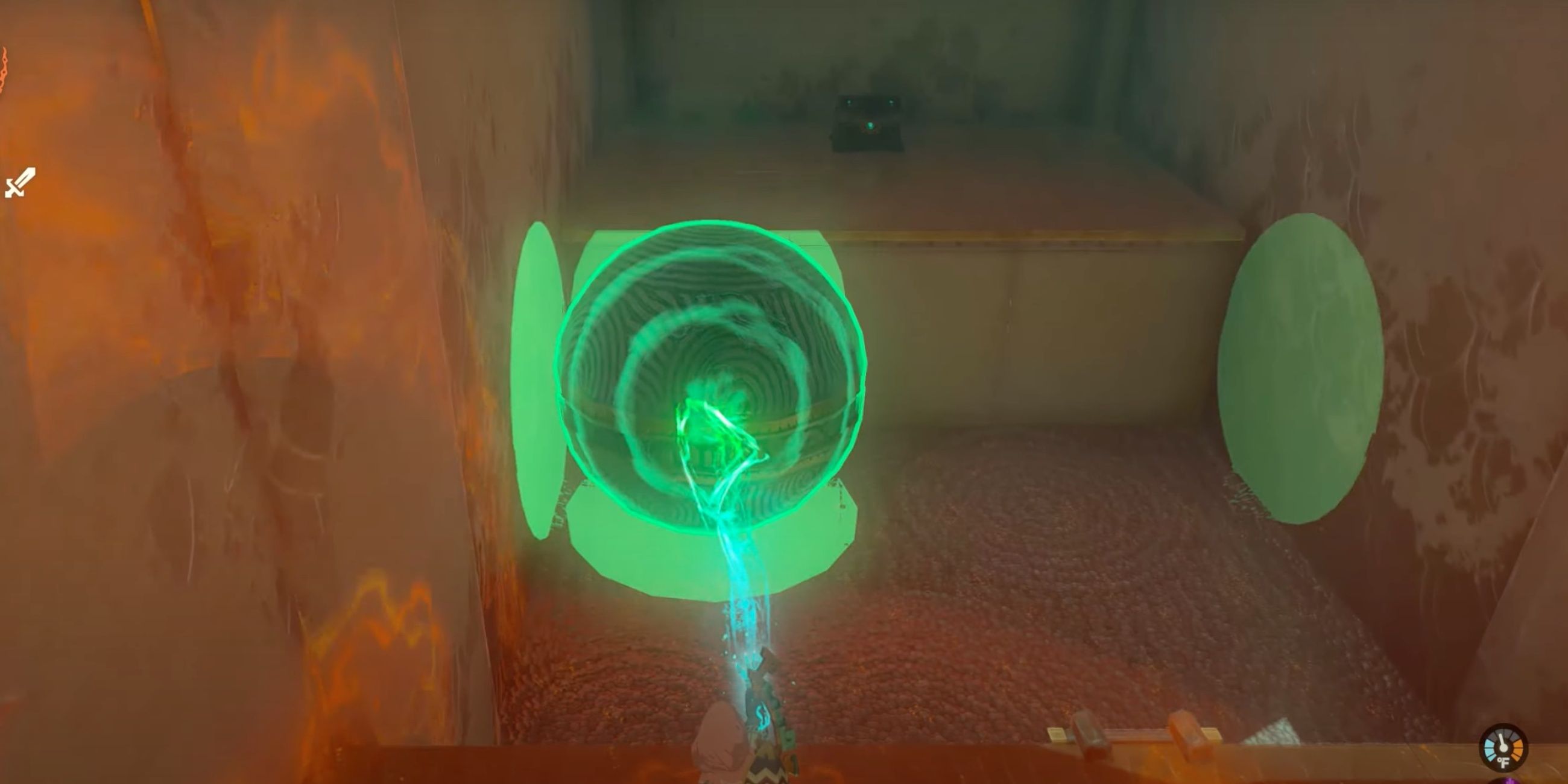In The Legend of Zelda: Tears of the Kingdom, Link brings the ball closer to the Mayamat shrine treasure chest.