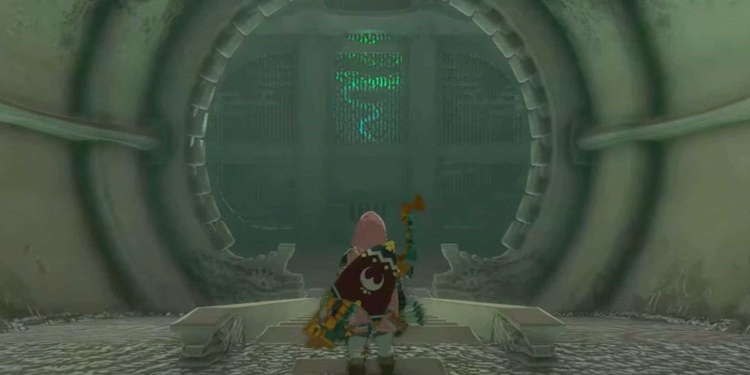 Link standing at the entrance to Mayamatsu Shrine in The Legend of Zelda: Tears of the Kingdom.