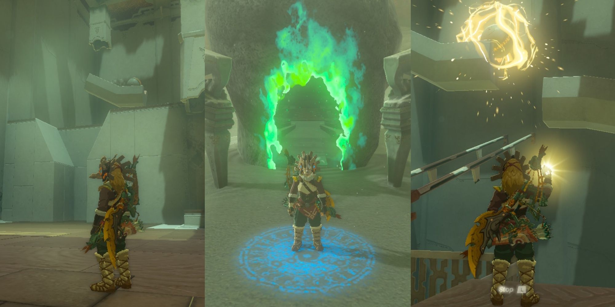 Link stands observing an indent. Link enters the Mayamats Shrine. Link uses Recall on a ball in THE LEGEND OF ZELDA: Tears of the Kingdom.