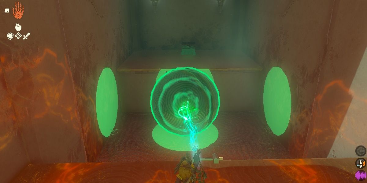 Link places the big ball in the Mayamats Shrine to claim the Reward Chest in Tears of the Kingdom.