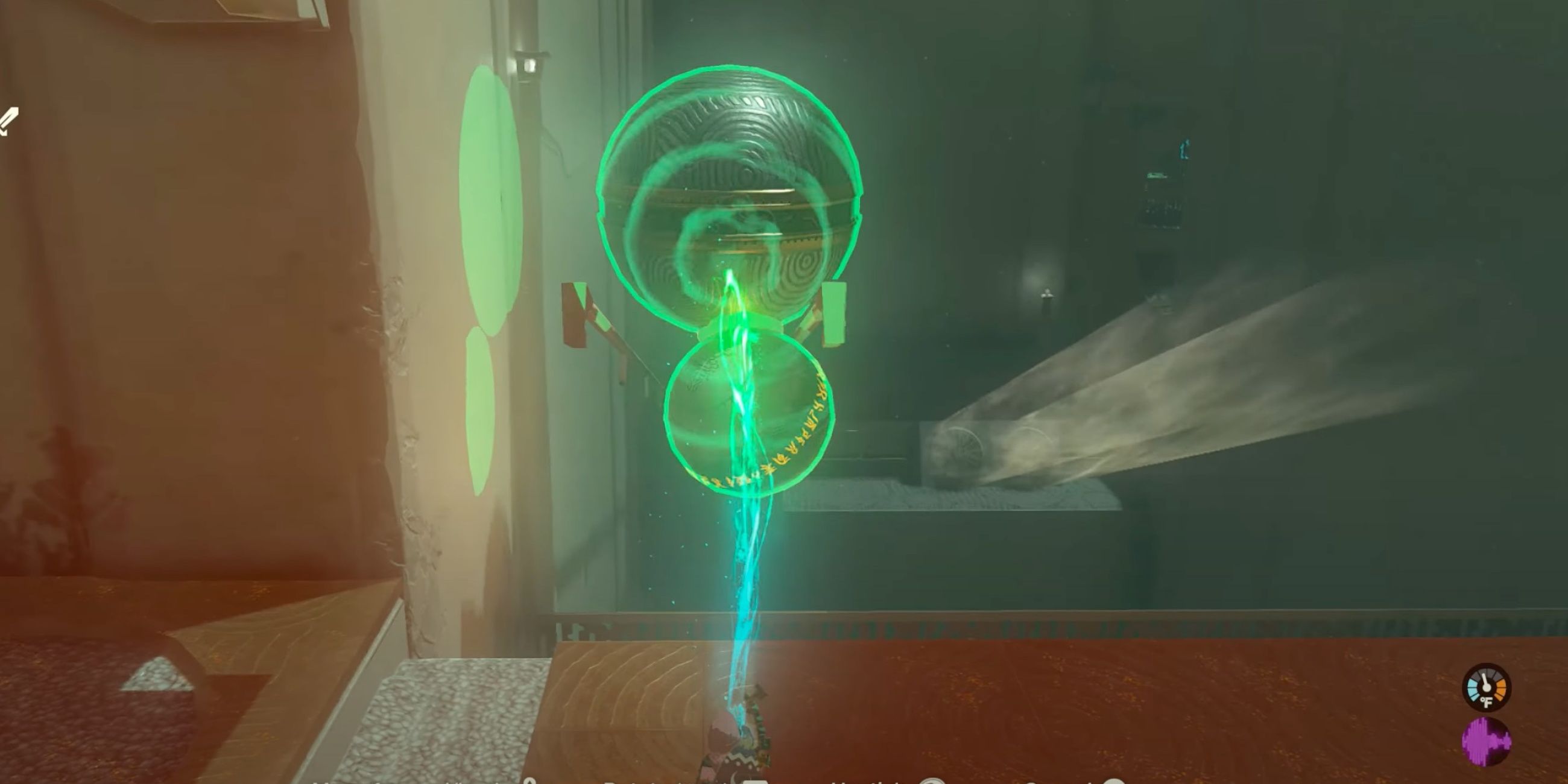 Link implements the Mayamatsu Shrine solution in The Legend of Zelda: Tears of the Kingdom.