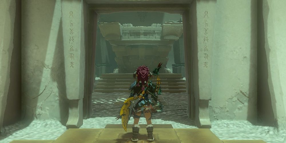 Link exits the Mayausiy Shrine In The Legend of Zelda: Tears of the Kingdom