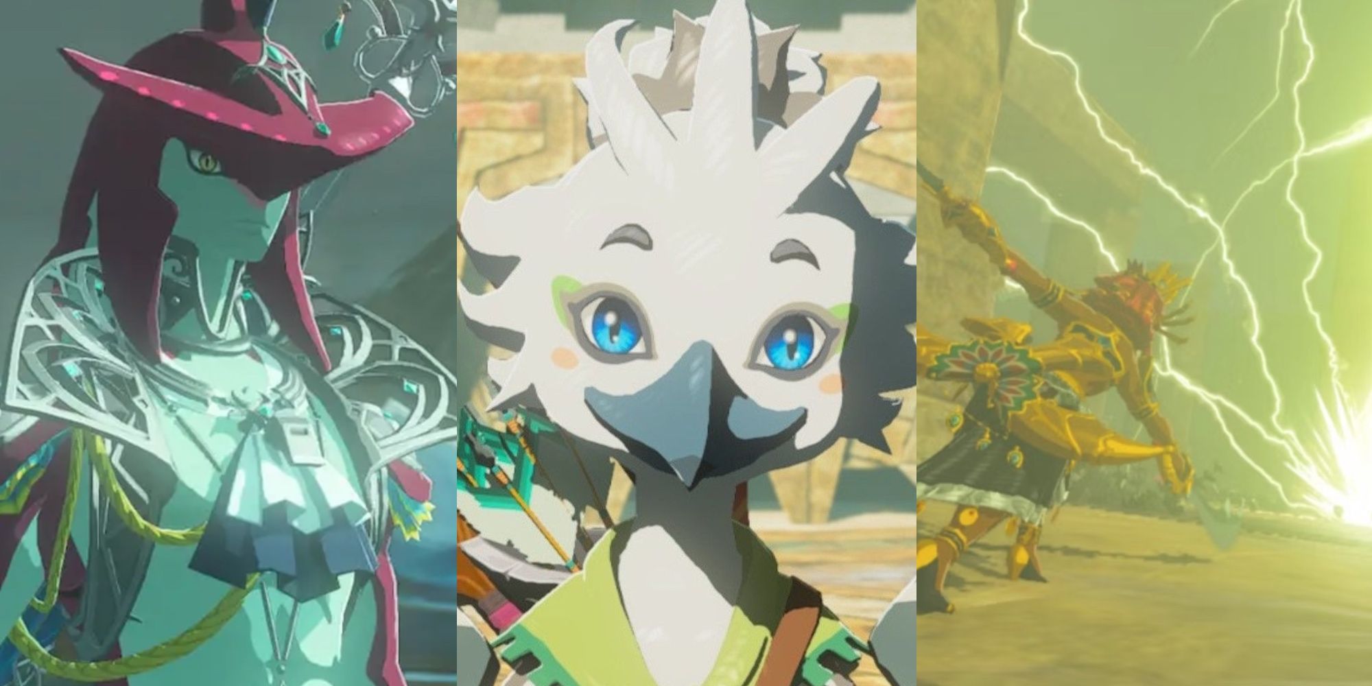 Sidon stands regally. Tulin smiles brightly at Link. Riju uses her lightning ability in Tears of the Kingdom.