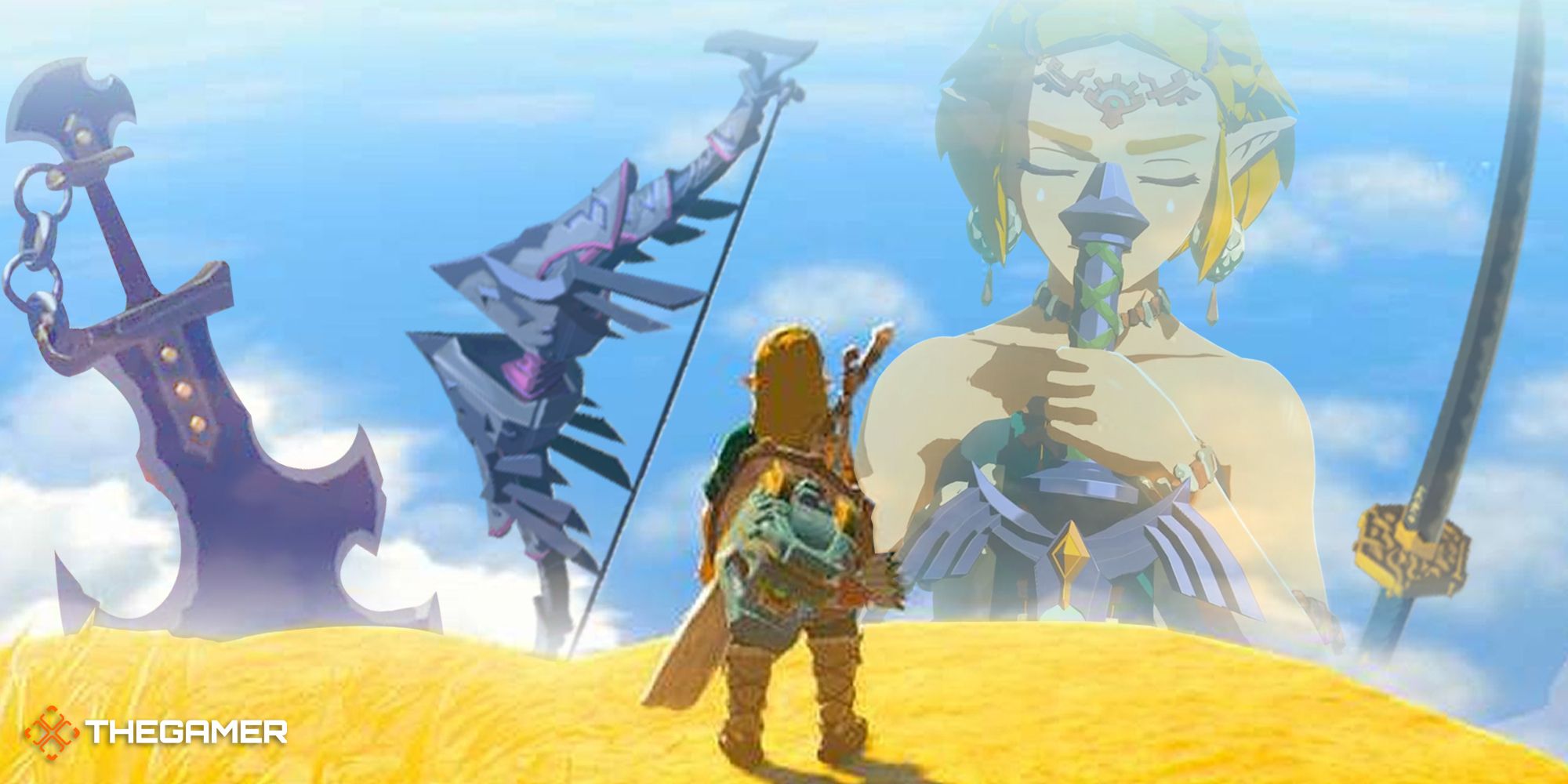 Link stares out at Zelda, The Master Sword, a Royal Guard's Bow, and more floating in the sky in The Legend Of Zelda: Tears Of The Kingdom.