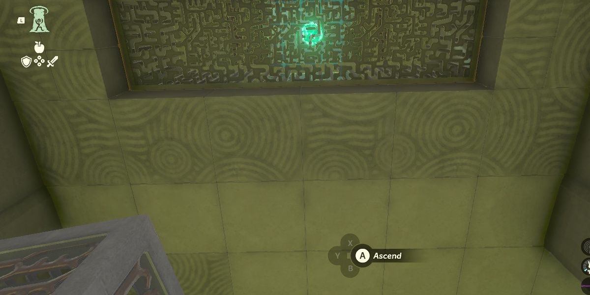 Link prepares to use Ascend in Turakawak Shrine in The Legend Of Zelda: Tears of the Kingdom.