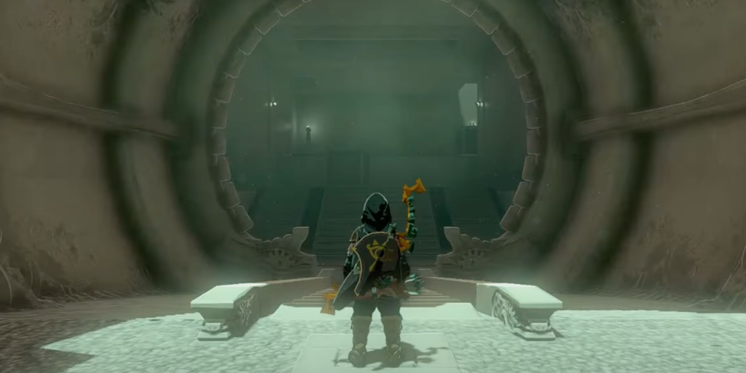 Link standing at the entrance to Turakawak Shrine in The Legend of Zelda: Tears of the Realm.