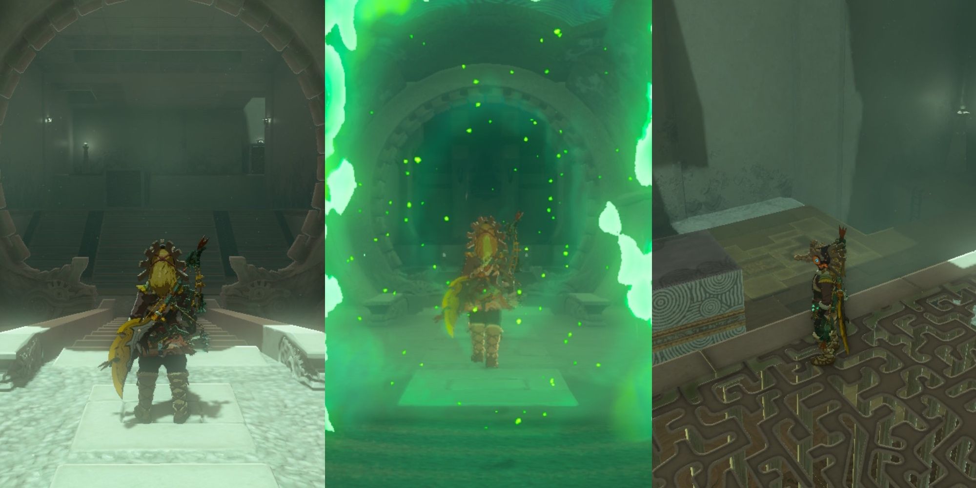 Link enters Turakawak Shrine Room one. Link walks through a Shrine portal. Link standing on a cage in Turakawak Shrine in The Legend of Zelda: Tears of the Kingdom.