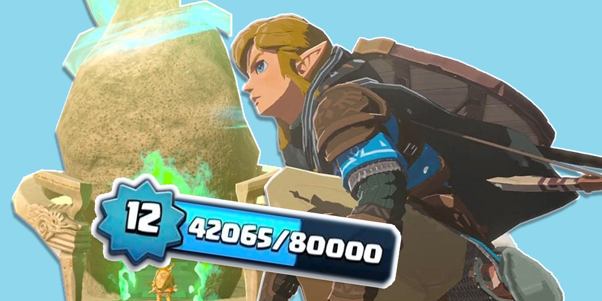 Link by a shrine in TOTK with an XP UI overlay