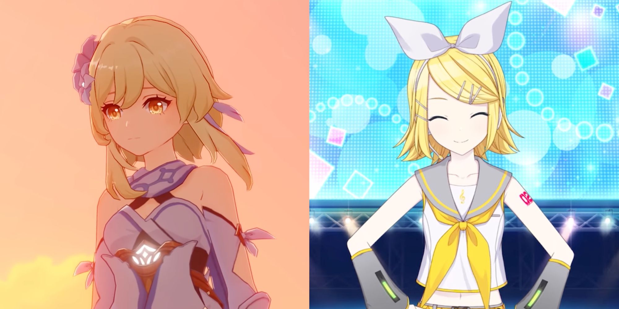 The Traveler from Genshin Impact and Kagamine Rin from Hatsune Miku: Colorful Stage!