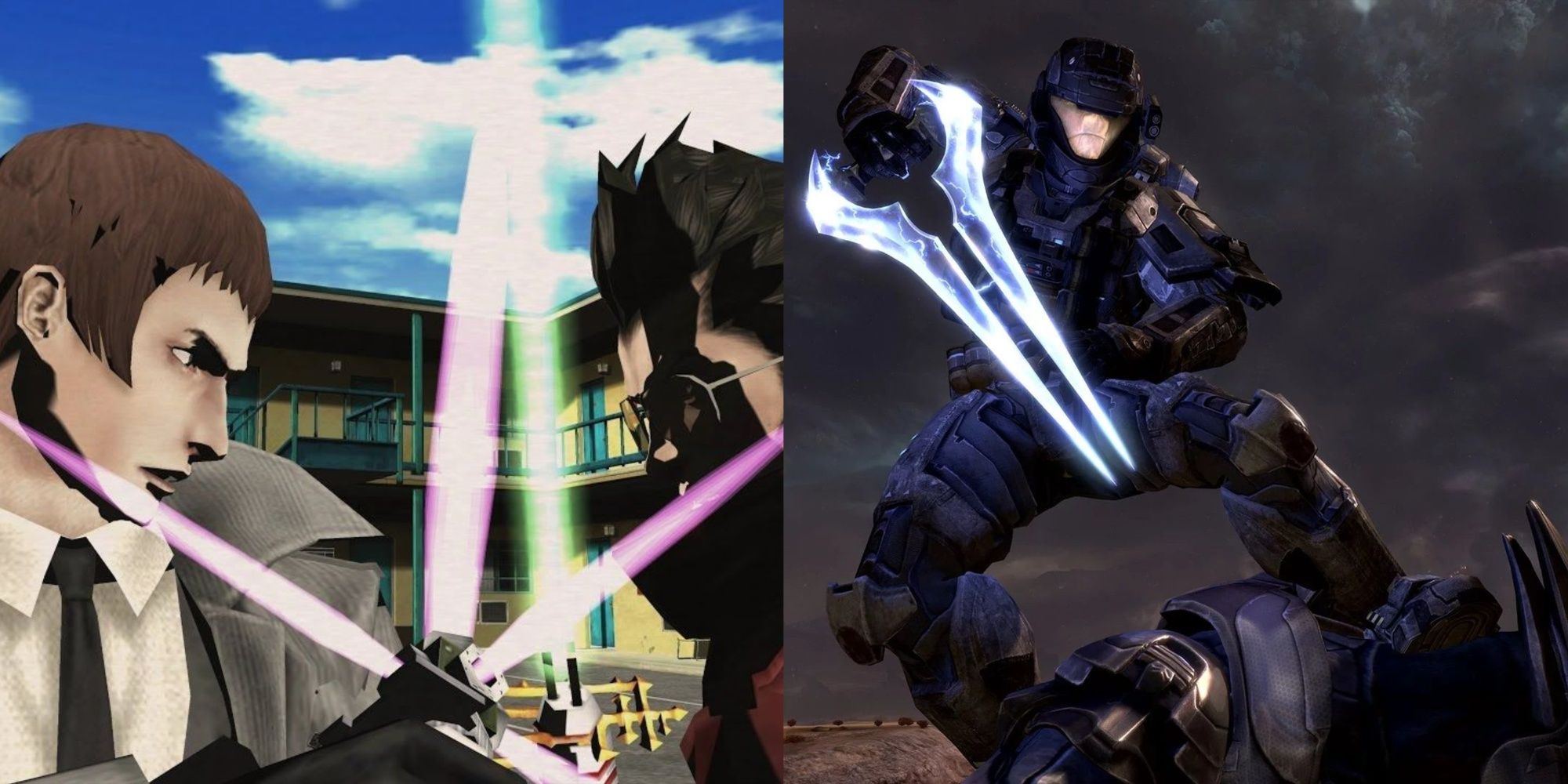 Travis and Henry fighting in No More Heroes 1 and an Energy Sword from Halo.