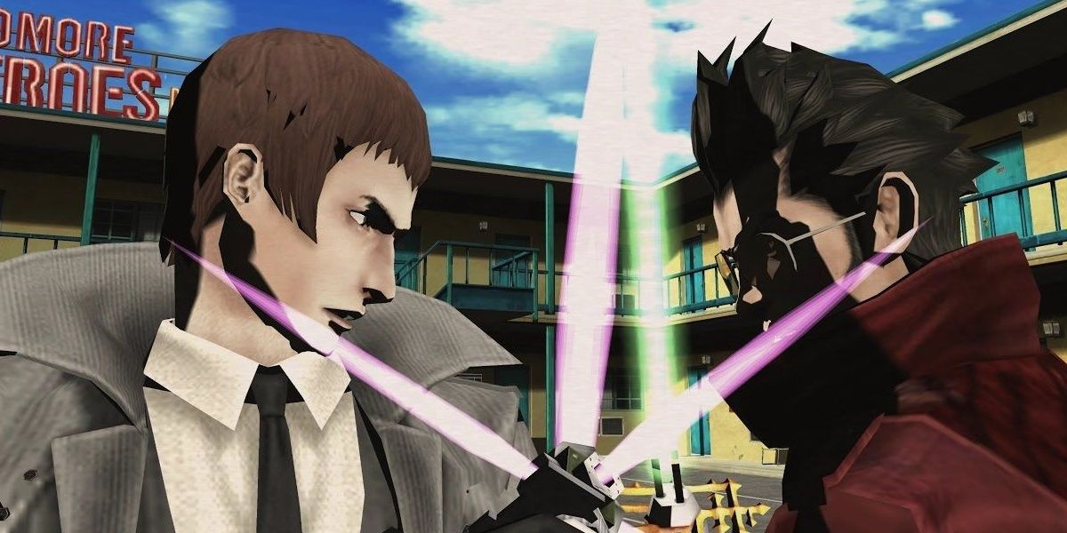 Travis and Henry fighting off in No More Heroes 1.