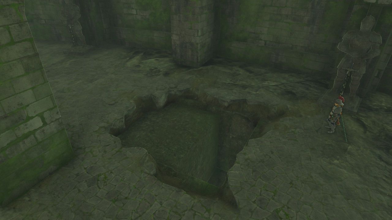 The Legend of Zelda: Tears of the Kingdom - Link solves the statue puzzle in the coliseum, opening the floor to a cave