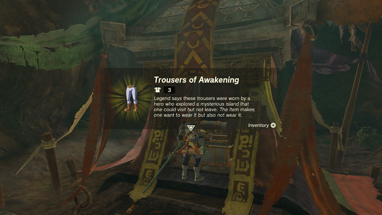 The Legend of Zelda: Tears of the Kingdom - trousers of awakening pop onto the screen after opening the chest