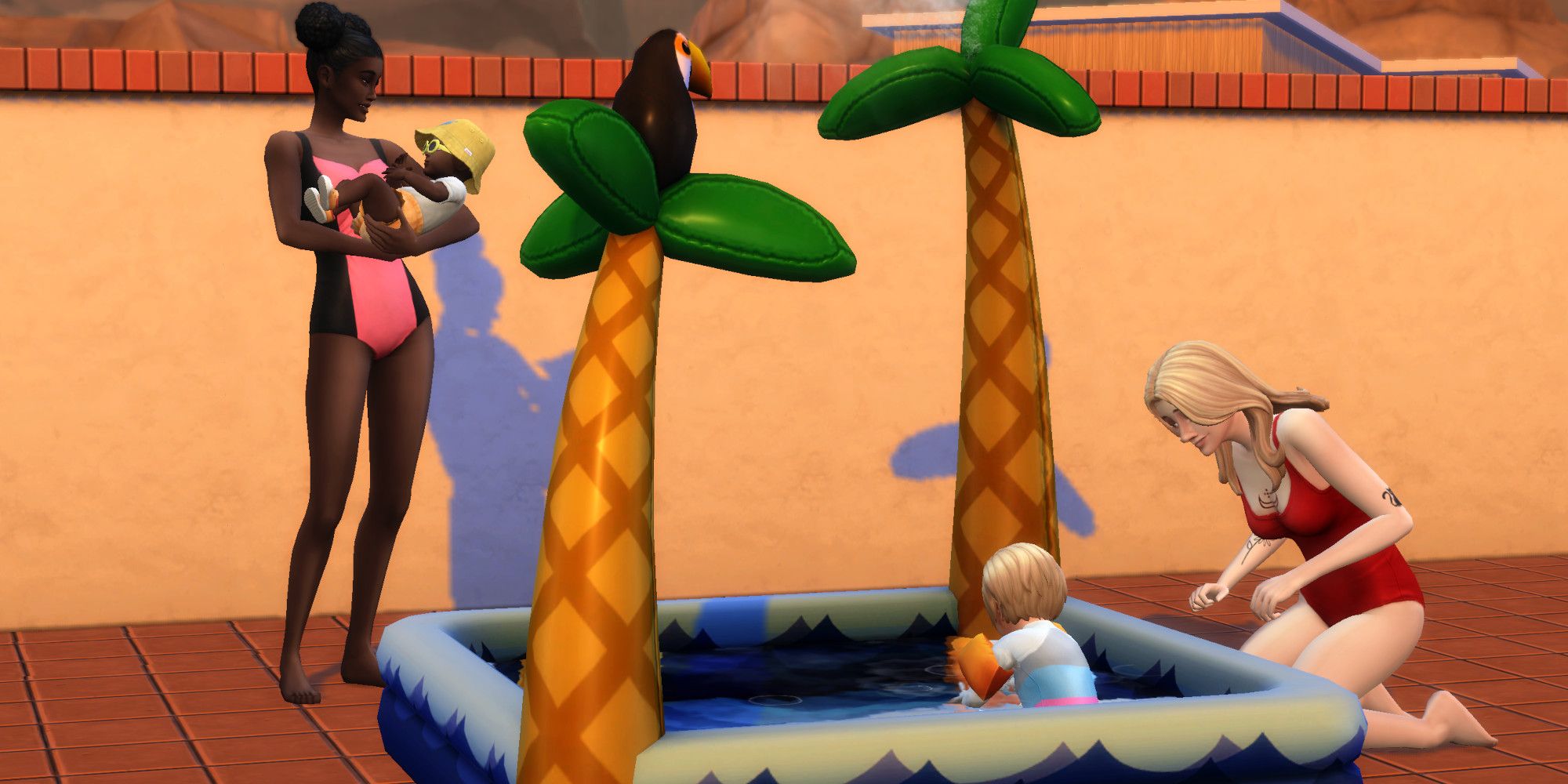 Two adult Sims from The Sims 4, one is holding an infant Sim while the other plays with a toddler Sim in a kiddie pool