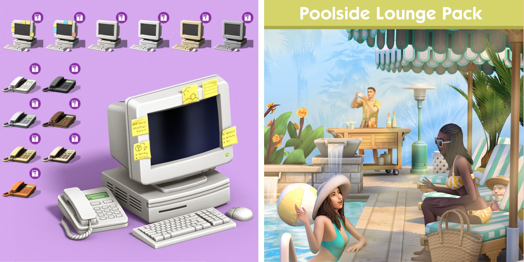 Two images of Sims 4 custom content by max20: old school desktop computer and phone, and the Poolside Lounge pack