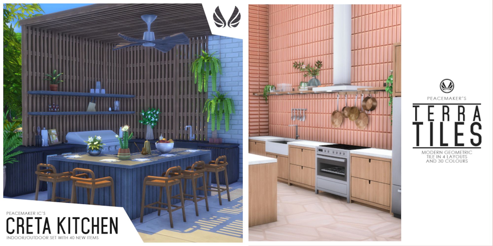 Two images of Sims 4 custom content by Peacemaker IC: the Creata Kitchen pack, and the Terra Tiles pack