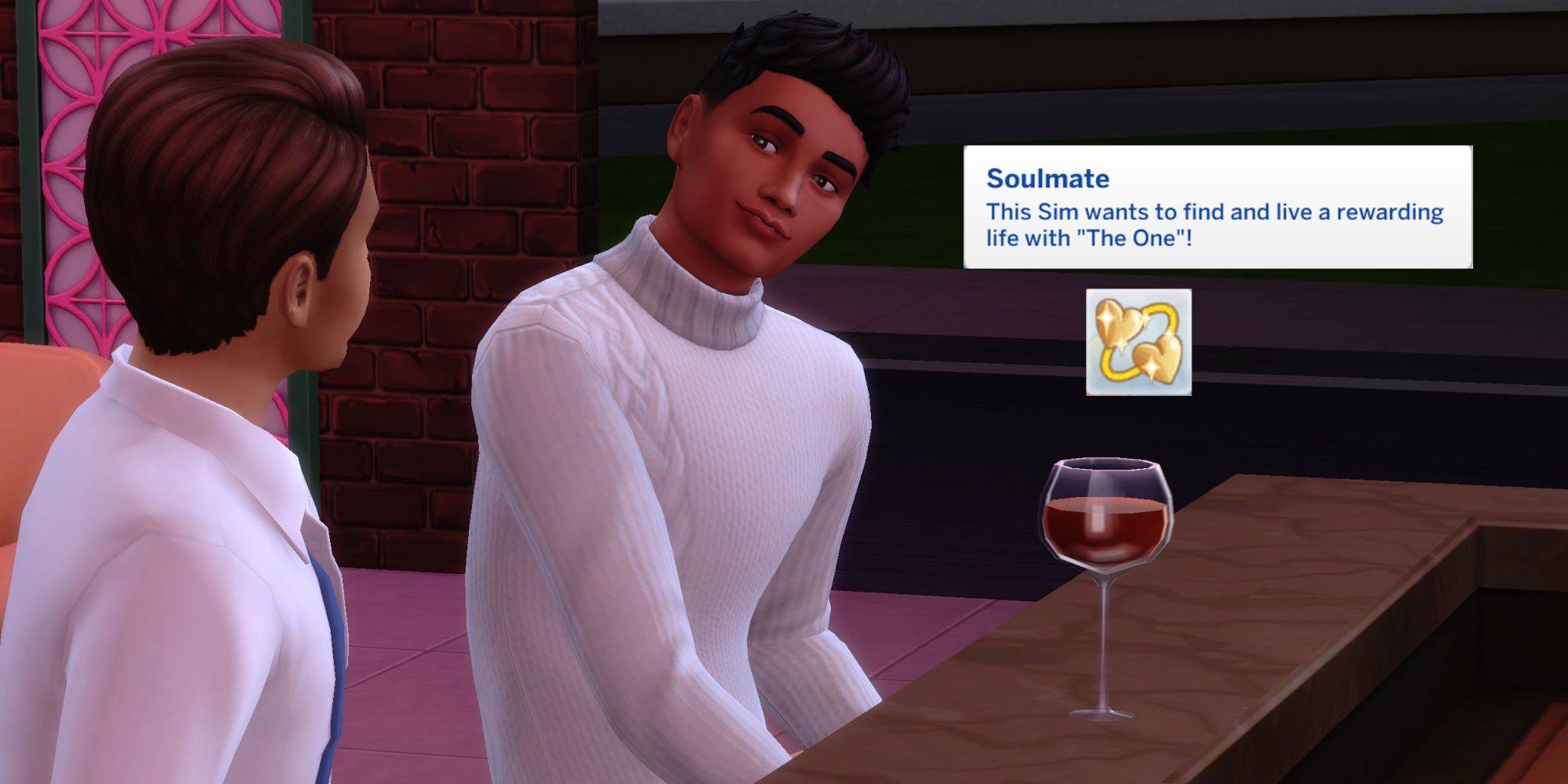 Two Sims from The Sims 4 flirt in a bar. A text box describing the Soulmate aspiration is on top of the picture-1