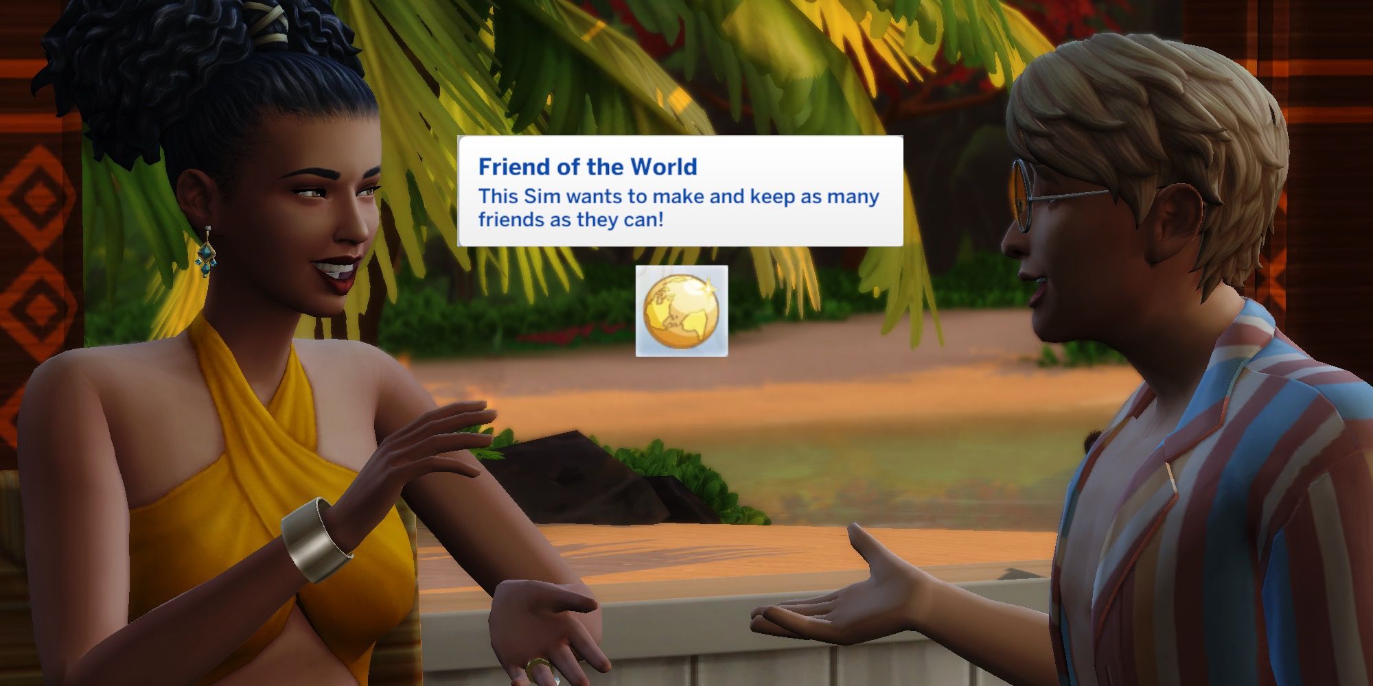 Two Sims from The Sims 4 having a conversation. A text box describing the Friend of the World aspiration is on top of the picture-1