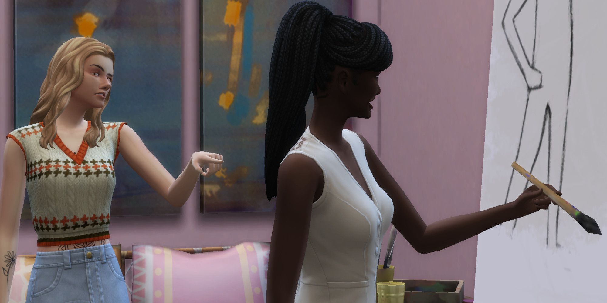 Dy Sims nga The Sims 4 në një dhomë.  Njëri po pikturon një foto, ndërsa tjetri i drejton