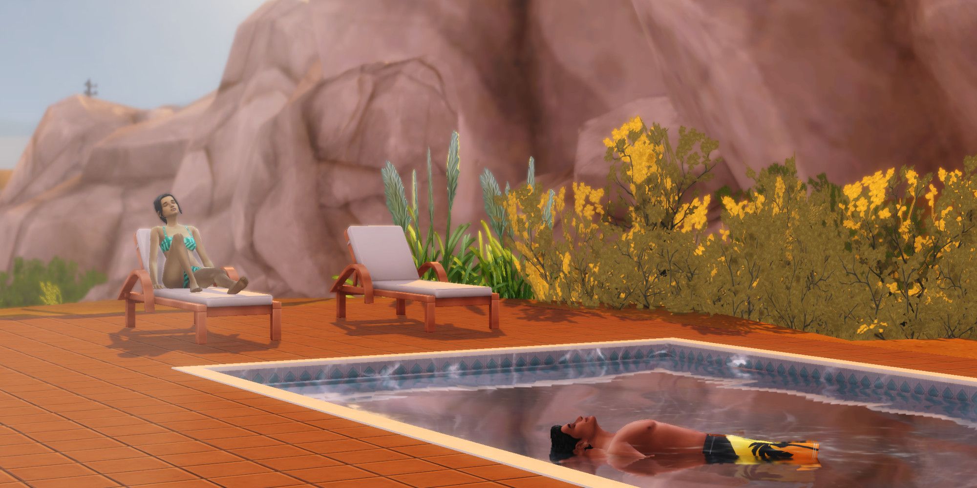 Two Sims from The Sims 4 in Oasis Springs.  One is lying in a chair by the pool, the other is floating in it on his back