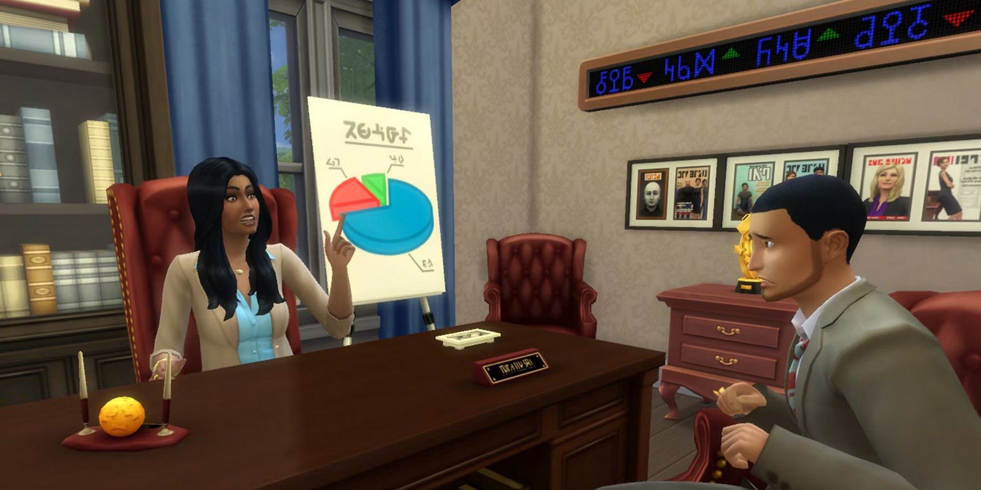 two sims in an office having a meeting in the business career in the sims 4, which is one of the best career in sims 4