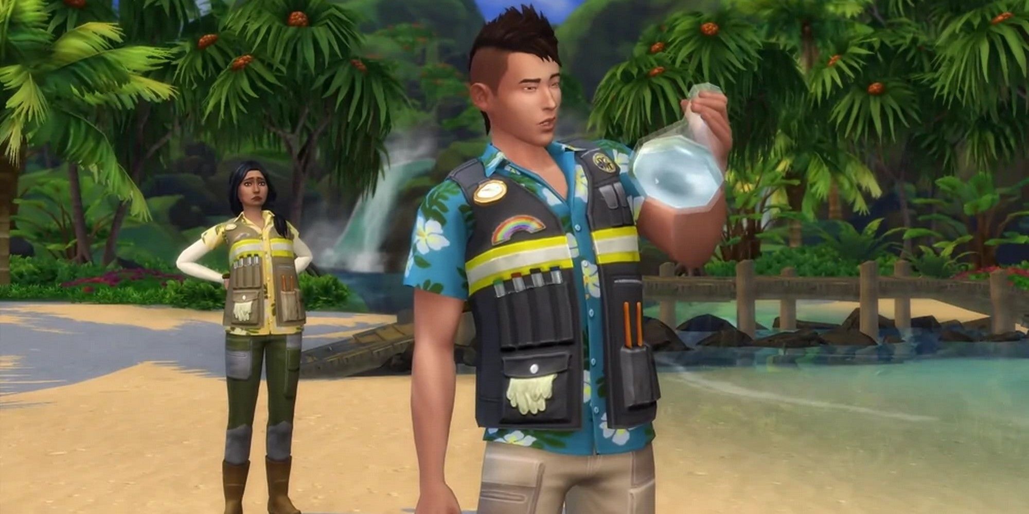 two sims on the beach in island living the sims 4 doing conservation work for the conservation career.