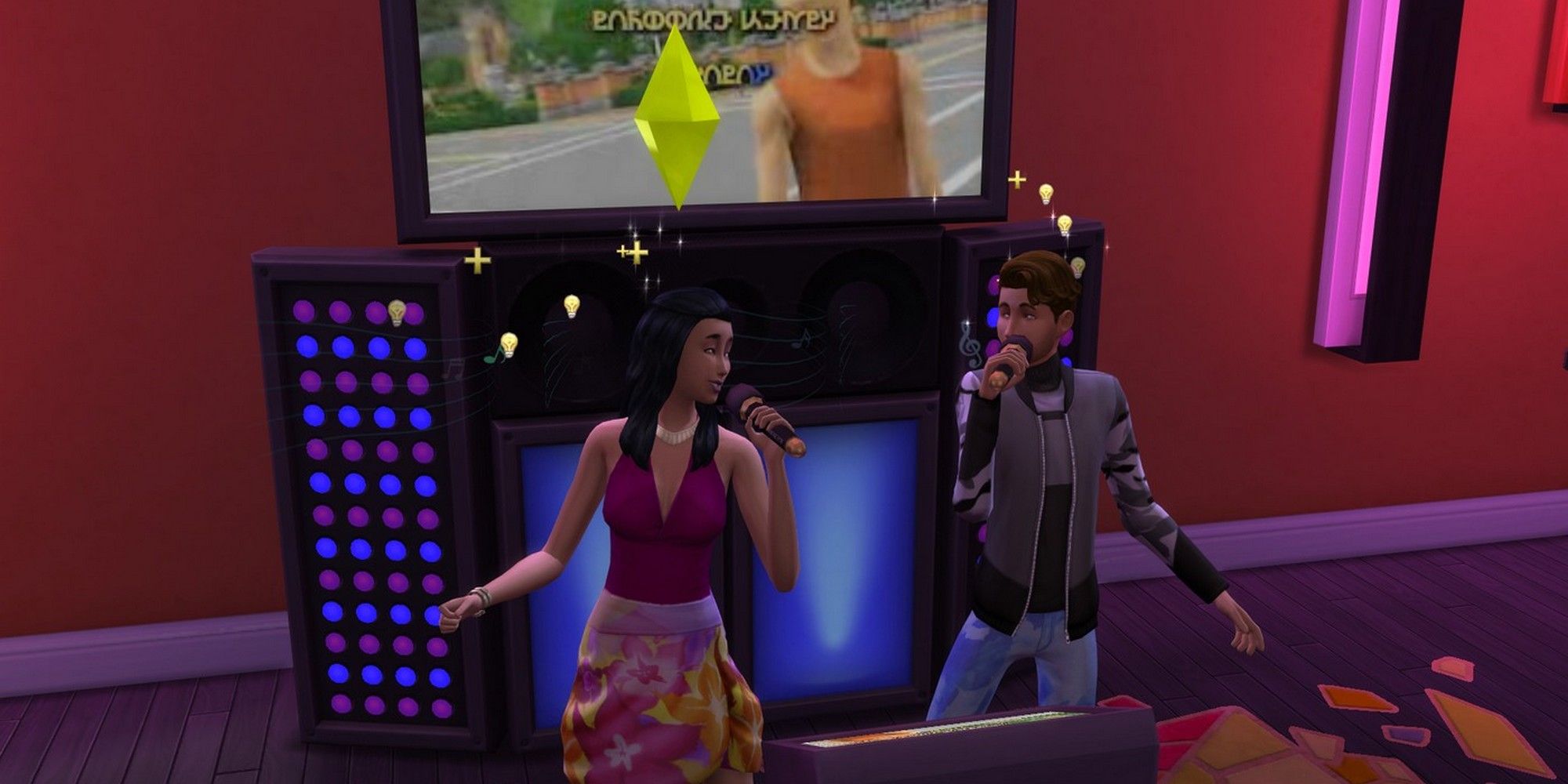 two sims singing a karaoke duet to work on their singing skill for the sims 4 singer career singing career-1