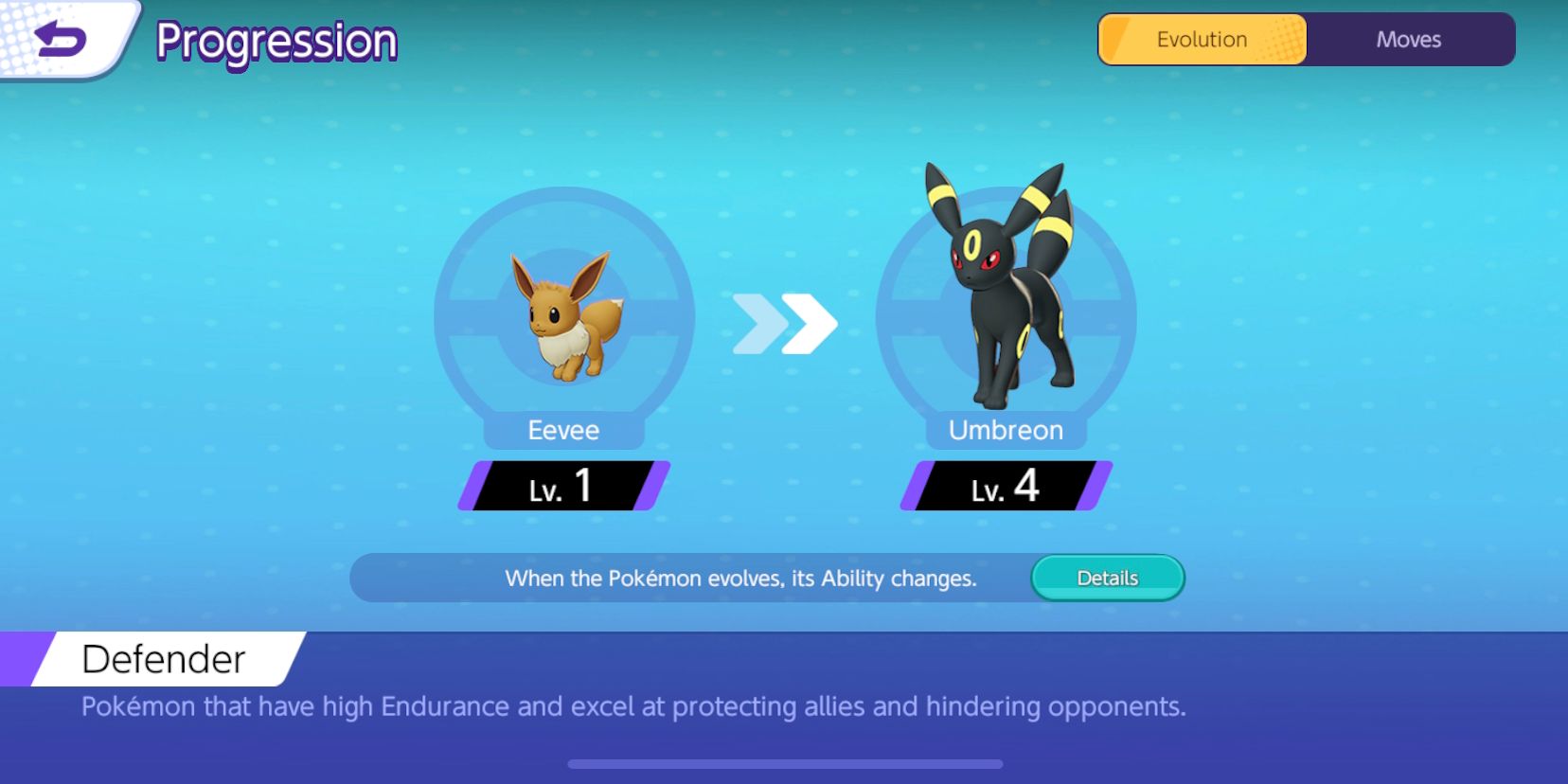 Pokemon Unite's Umbreon Progression Screen, showing at what level it evolves from Eevee