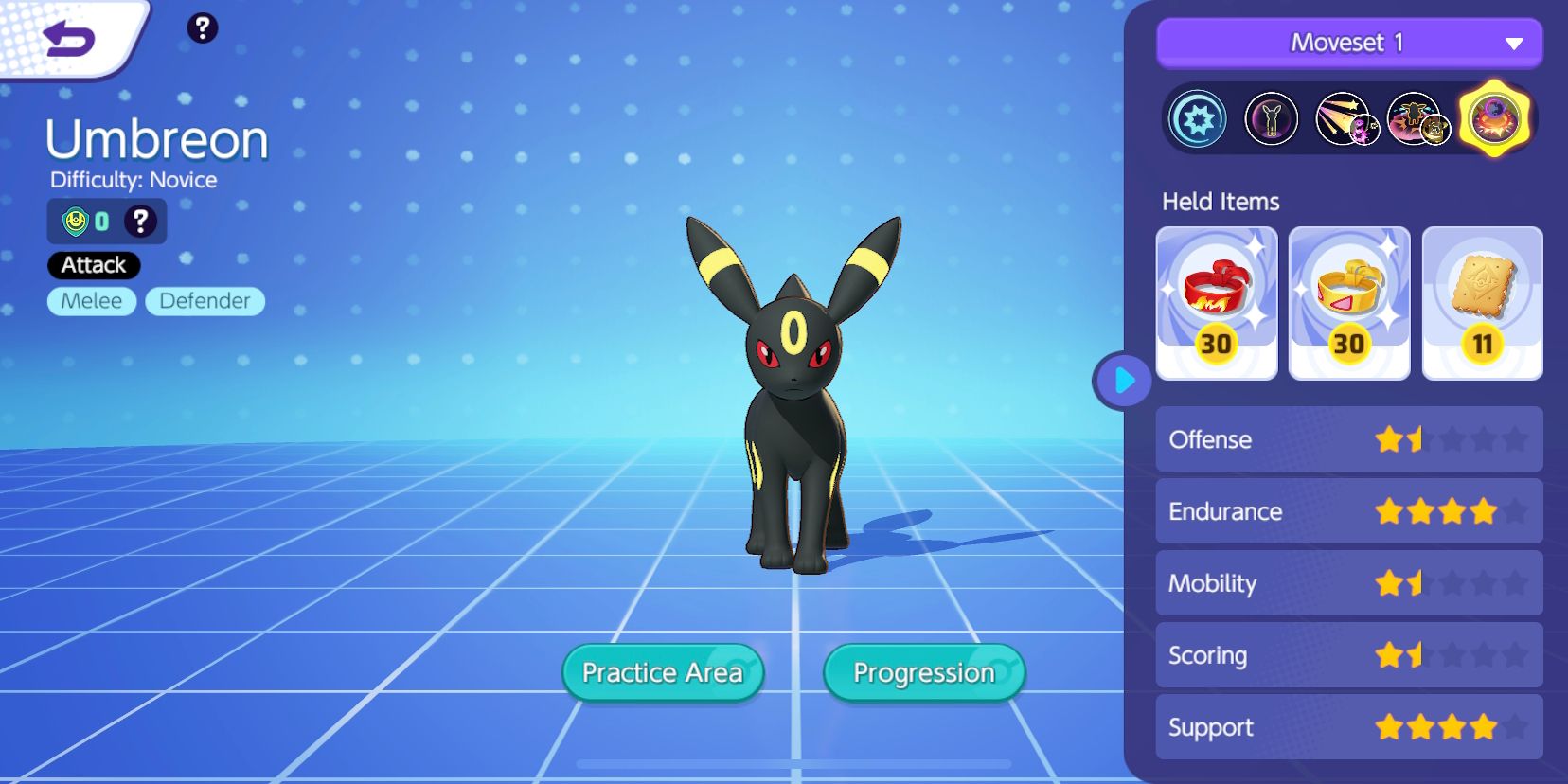 Umbreon from the Pokemon Unite Pokemon selection screen, showing its stats and Held Items