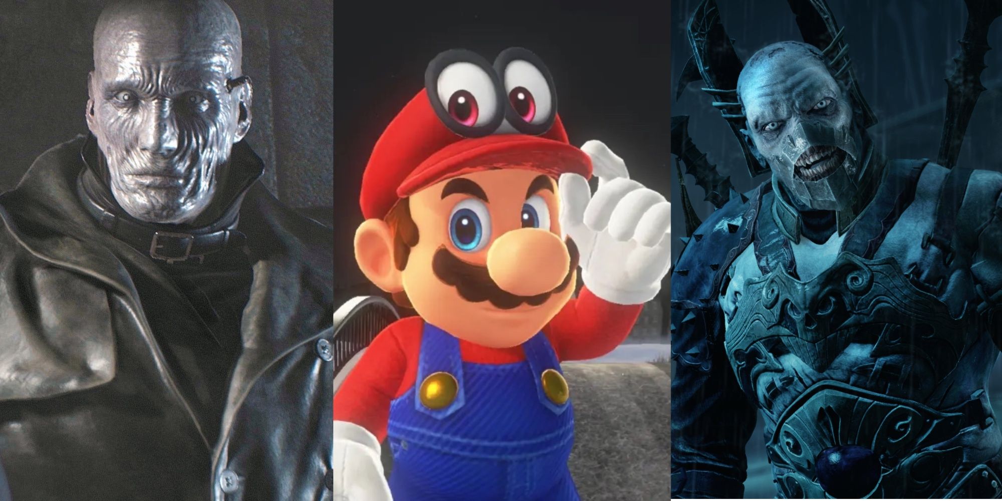 Underused Mechanics and Features collage: Mr X in Resident Evil 2, Mario from Super Mario Odyssey and an Orc from Shadow of Mordor