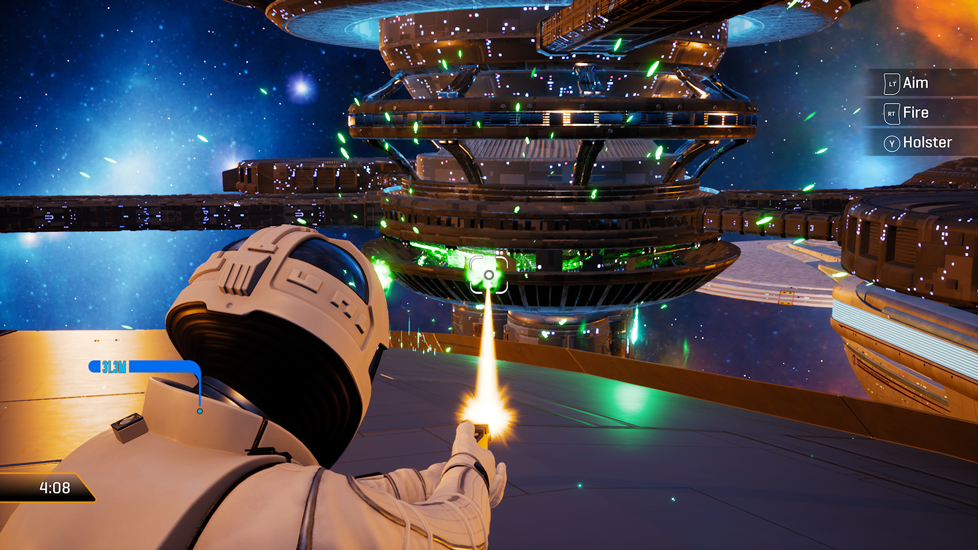 A man in a space suit walks on top of his ship, firing a phaser at a green cloud