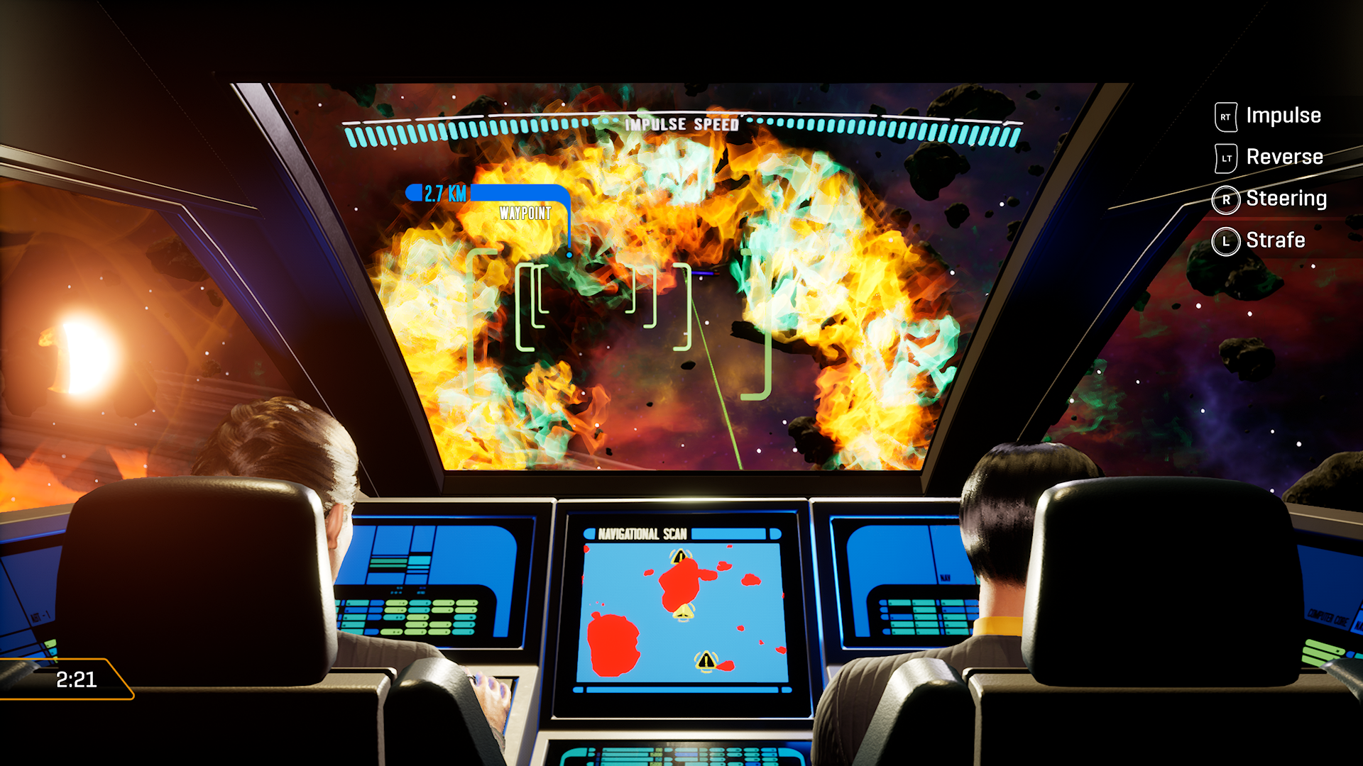 Two characters piloting a spaceshuttle through a storm 