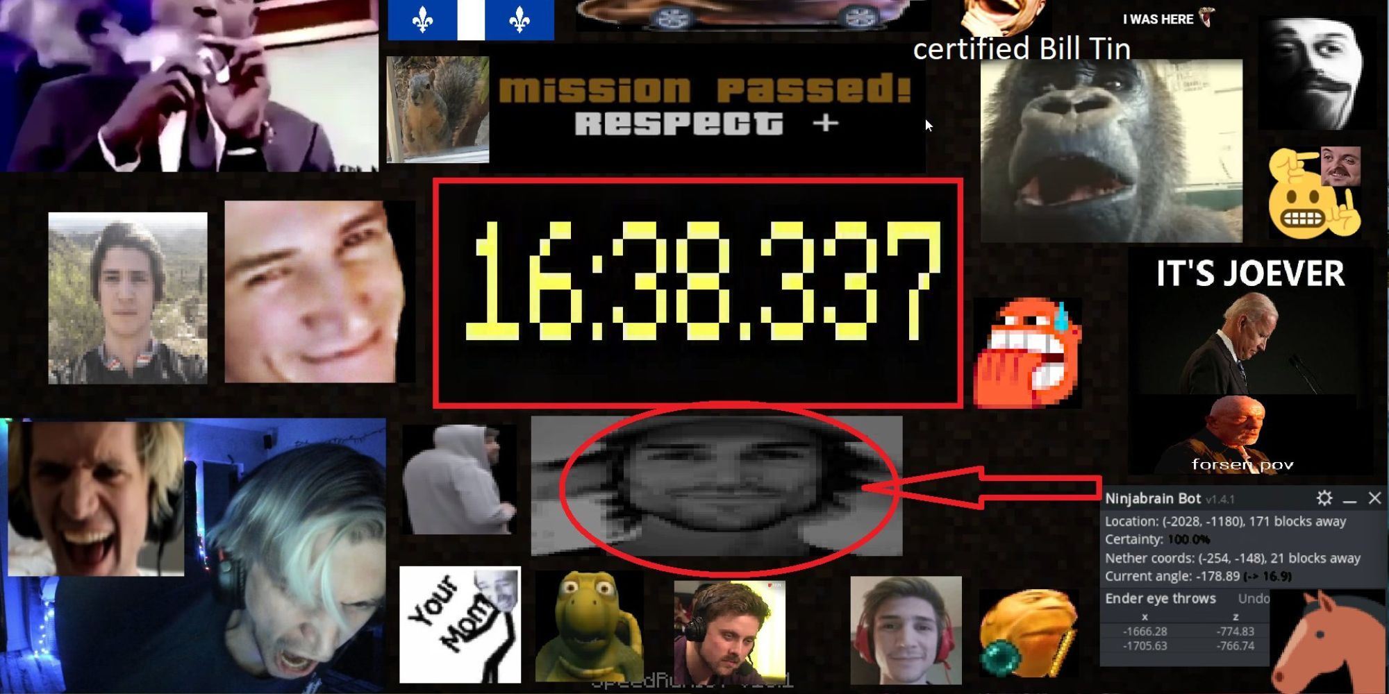 Composite image showing xQc and various other shitpost type pics as the streamer gloats over retaking the Minecraft speedrun record from Forsen