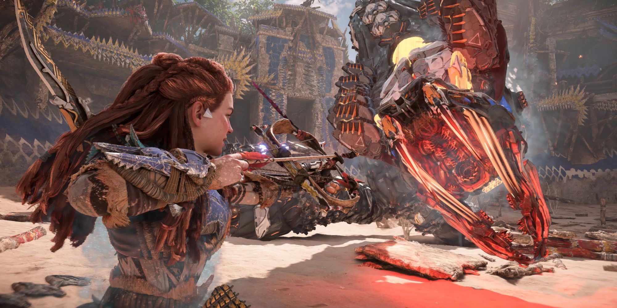Aloy fights a snake-like machine in Horizon Forbidden West