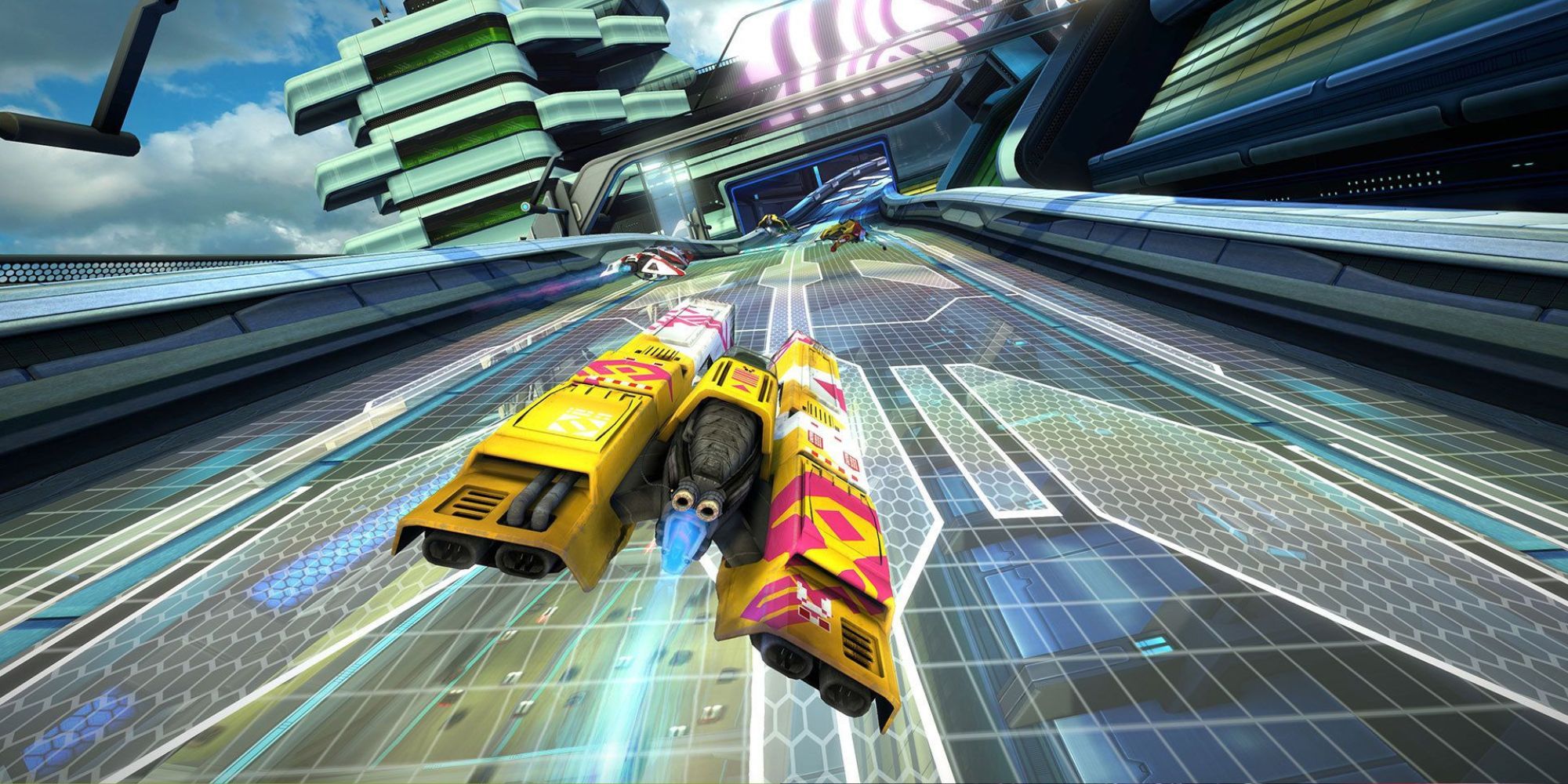 A Screenshot of a Yellow Ship mid-race in Wipeout Omega Collection 