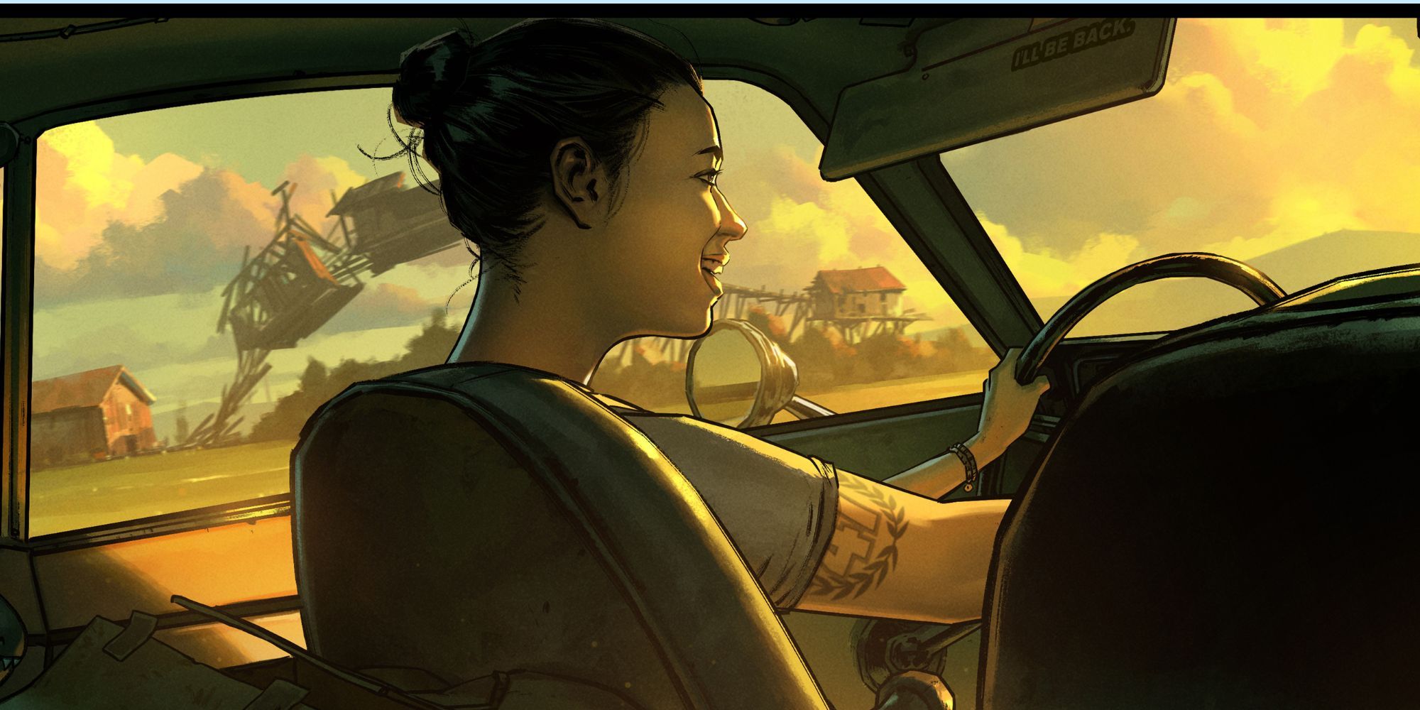 Blank concept art showing a young woman in the front seat of a car driving while through the passenger windows a run-down wooden cabin is mid-air for some reason 