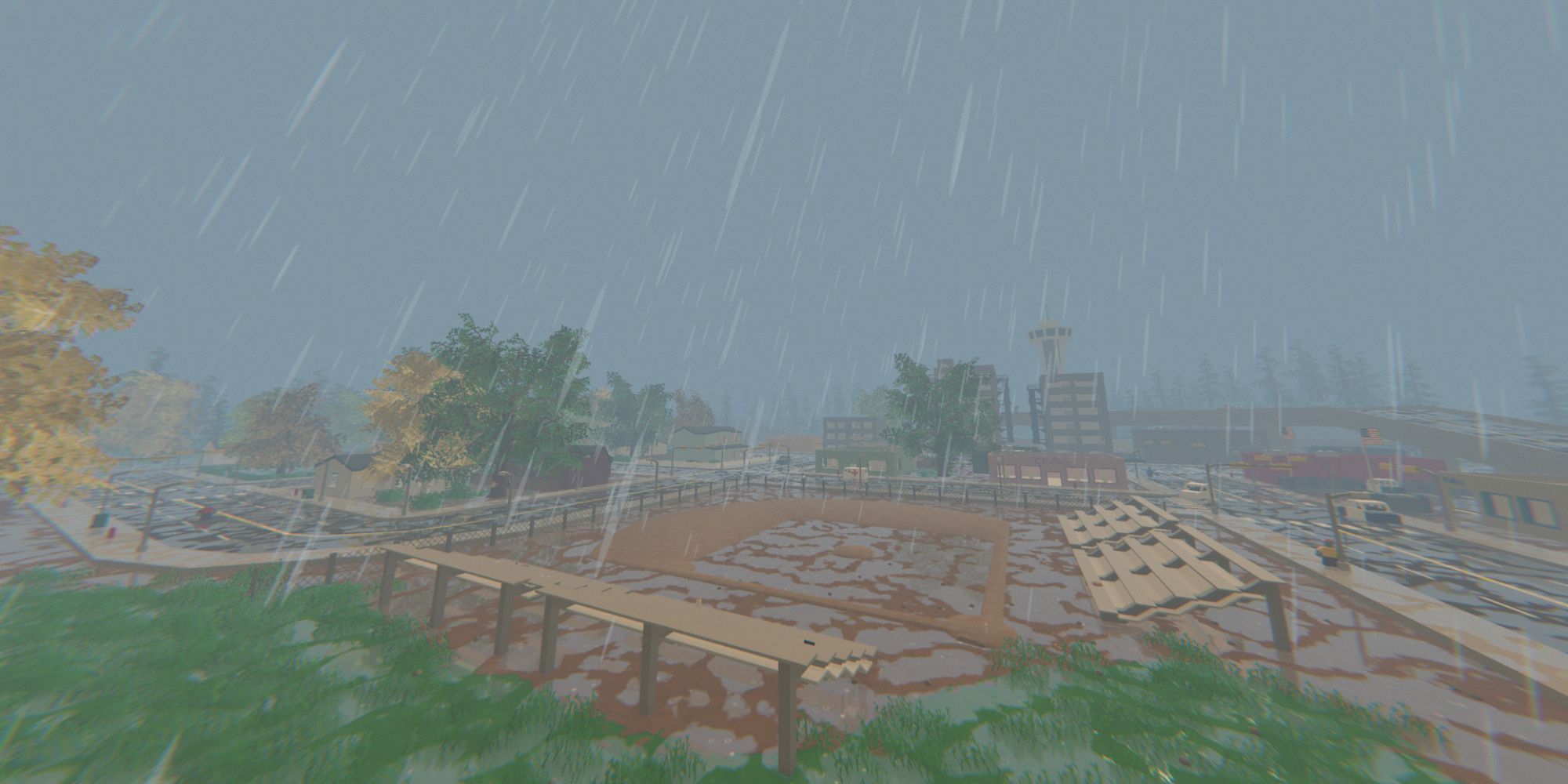 An image of an abandonded sports field from the survival game Unturned