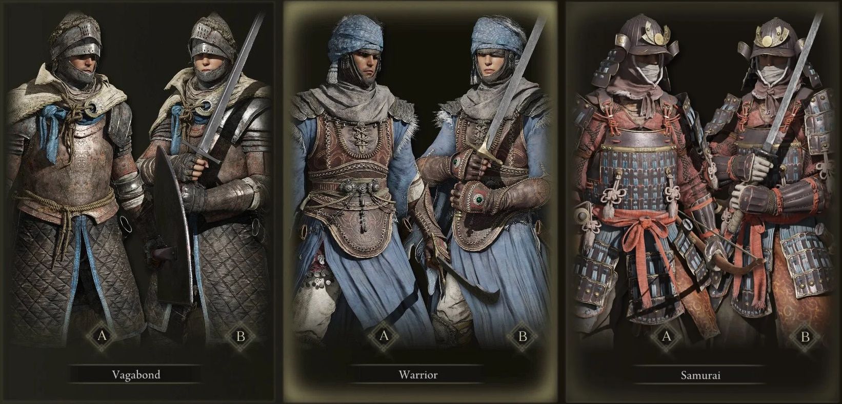 The character select screen offering Vagabond, Warrior, and Samurai options in Elden Ring.