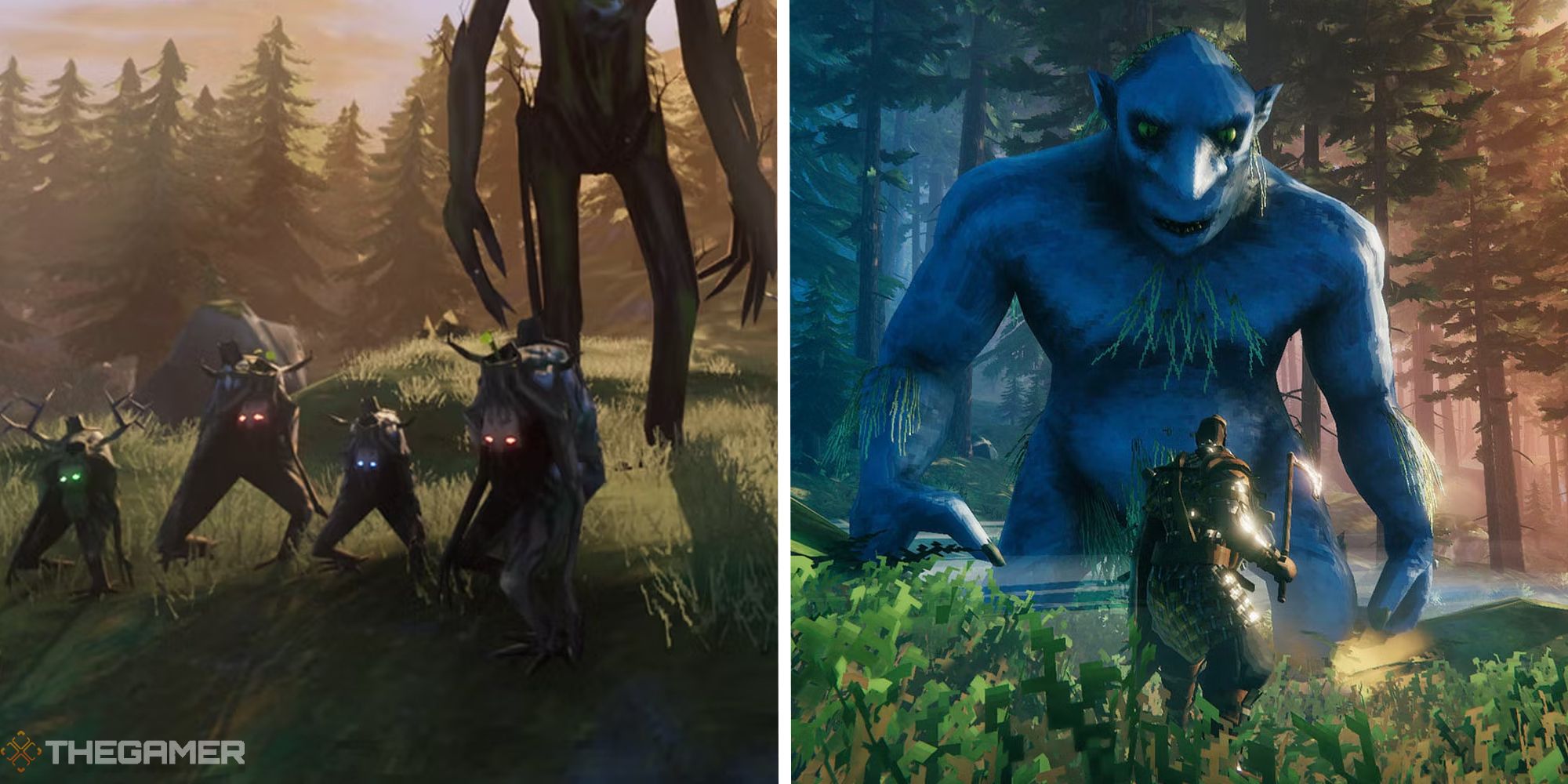 split image showing greydwarfs lined up, next to image of player facing a troll