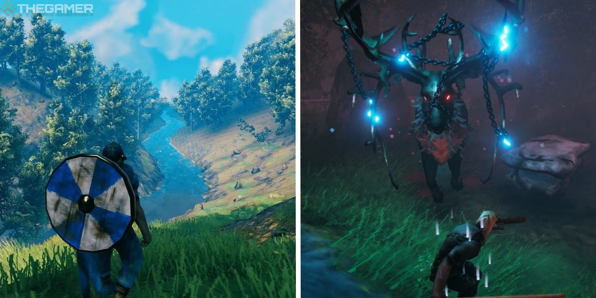 split image showing player looking out to meadows biome, next to image of player fighting meadows boss eikthyr