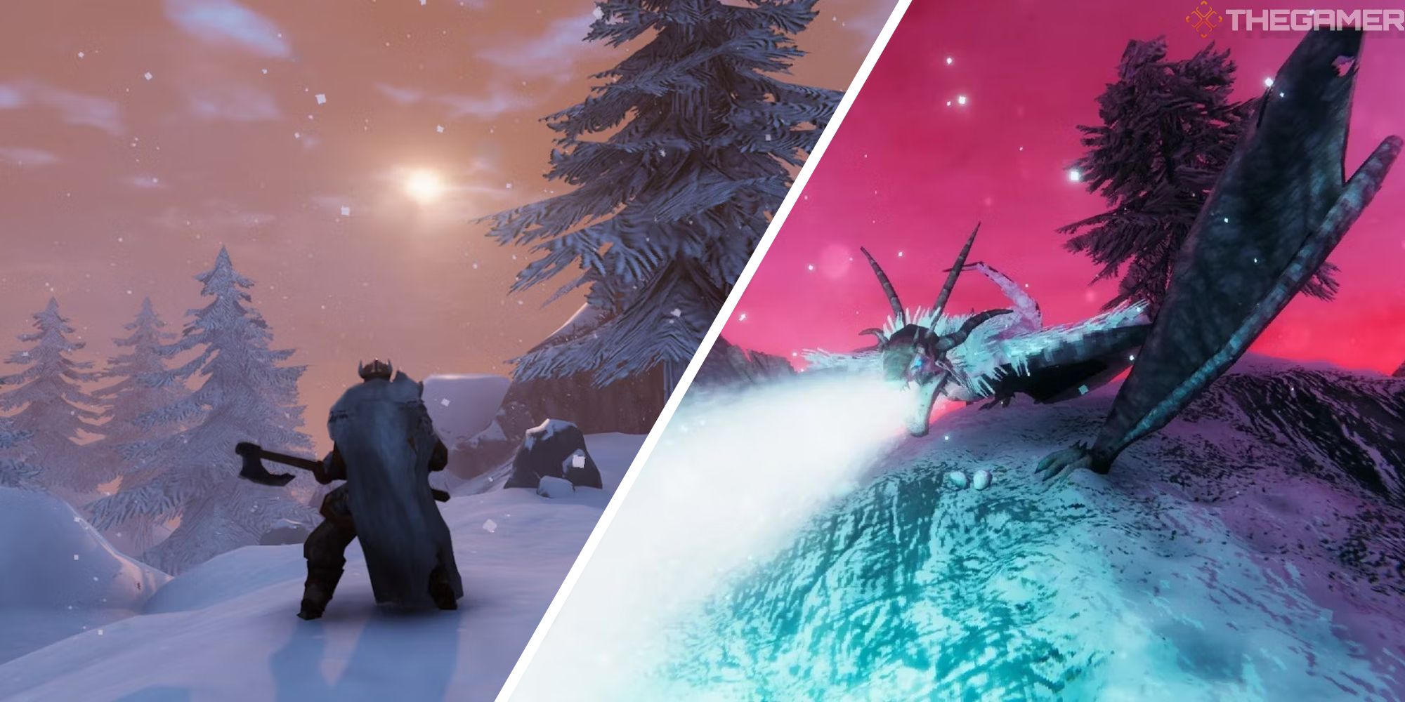 split image showing player in mountain biome next to image of Moder doing icy breath attack