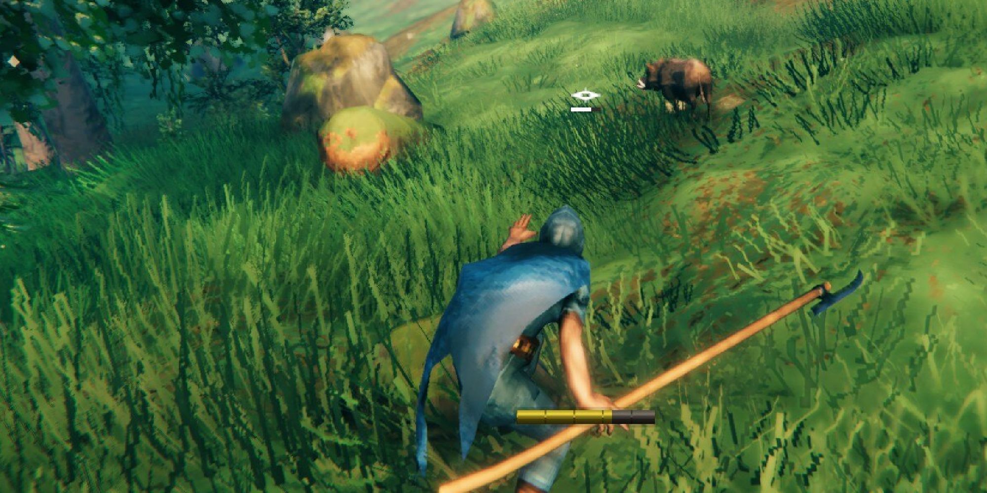 valheim player crowing and looking at a boar