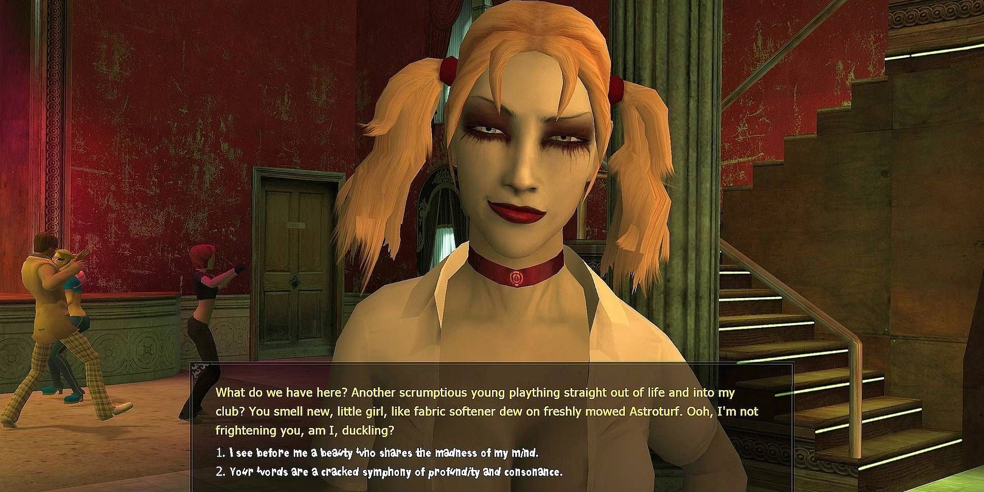 A blonde pale figure stares ahead as people dance in the background of a club in Vampire The Masquerade Bloodlines