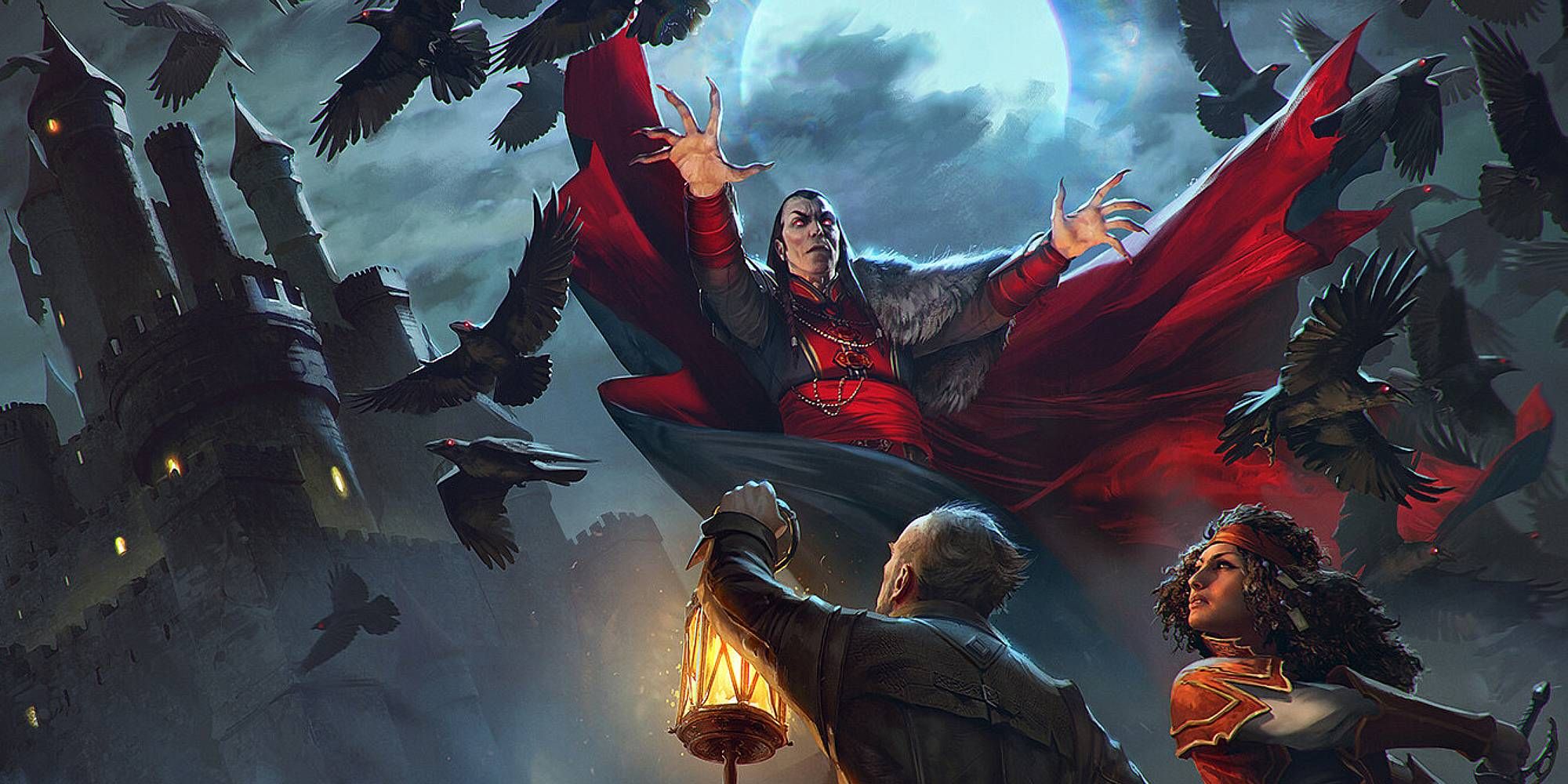 A vampire looms over the two figures as crows fly about against the backdrop of a castle.