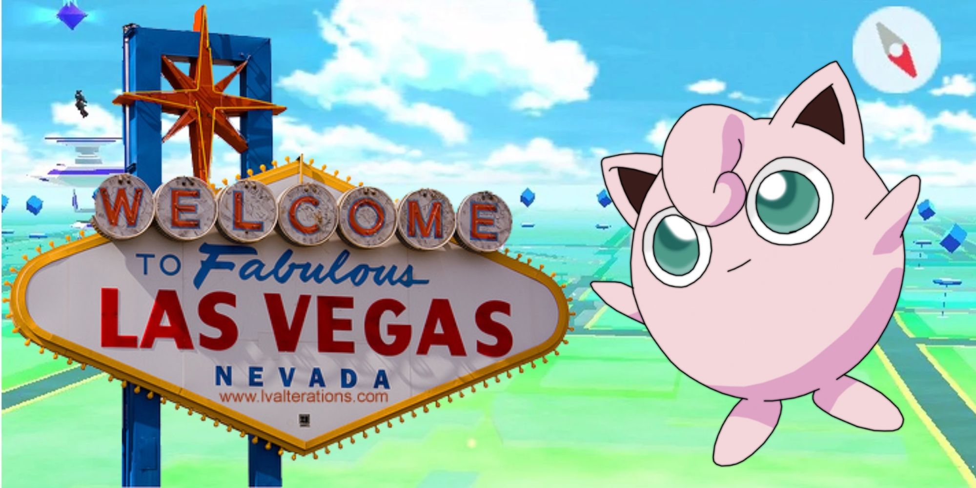 Jigglypuff and a Las Vegas sign in front of a Pokemon Go map