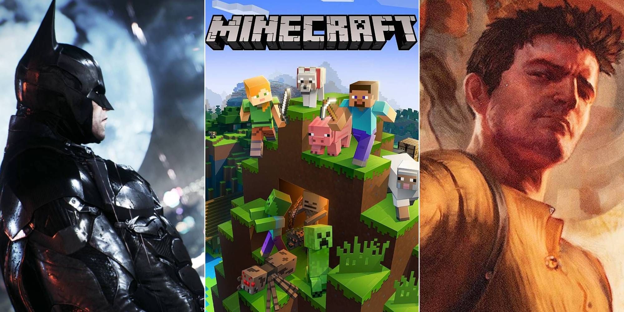 A collage of different videogames from Batman: Arkham Knight to Minecraft to a illustration of Nathan Drake