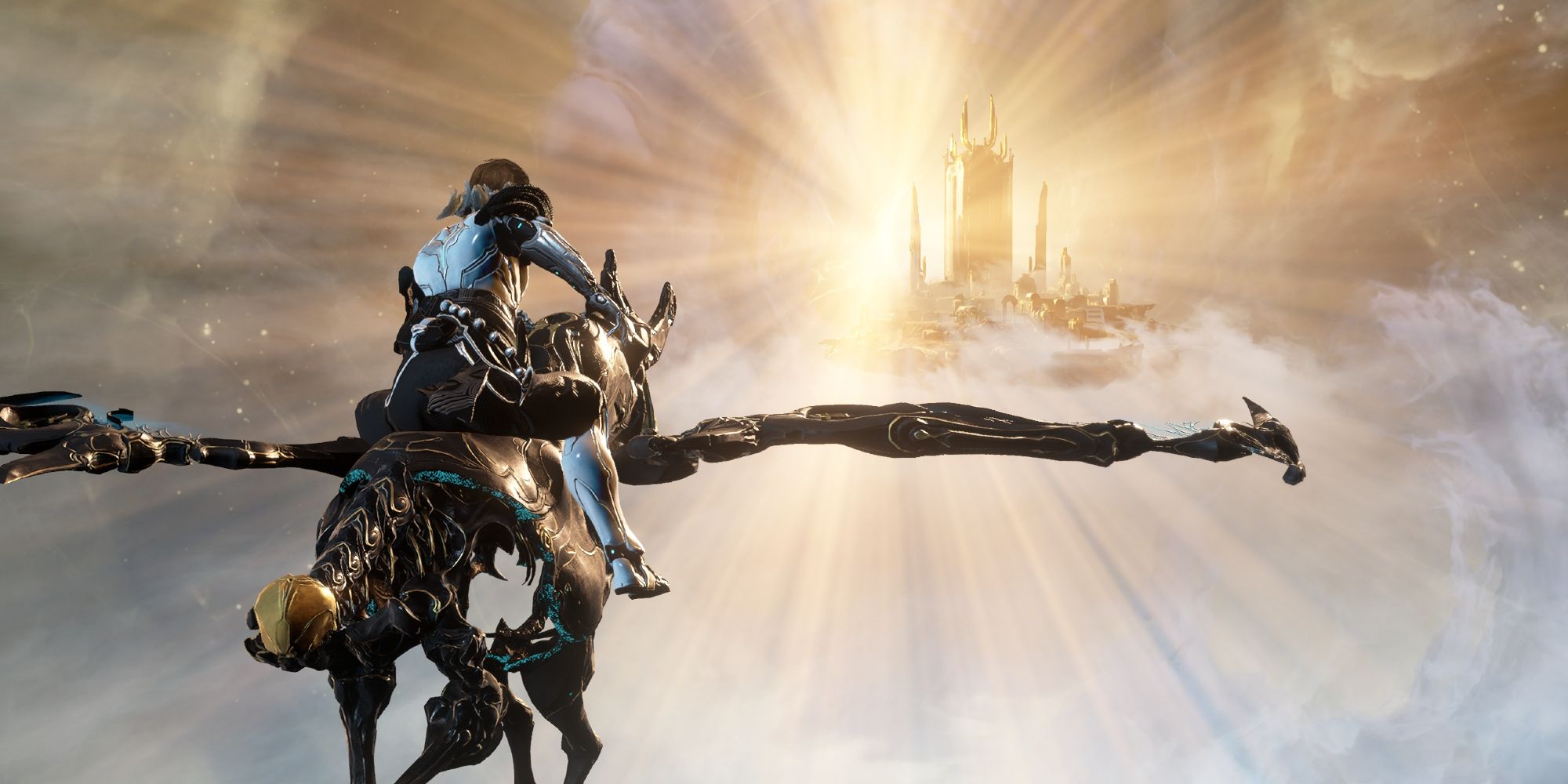 The drifter riding a Kaithe through the sky in the direction of a golden city, in Warframe: The Duviri Paradox.