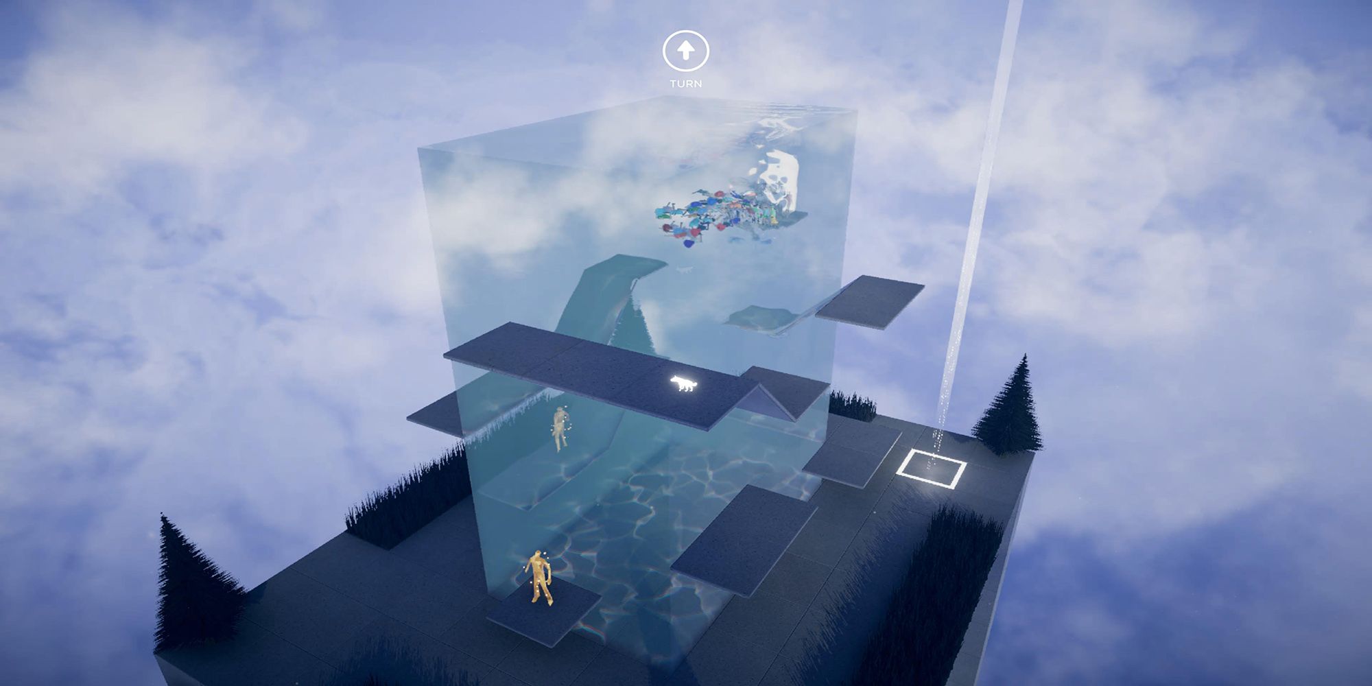 A center swimming pool connects a series of platforms in the Water Fall trial of Humanity.