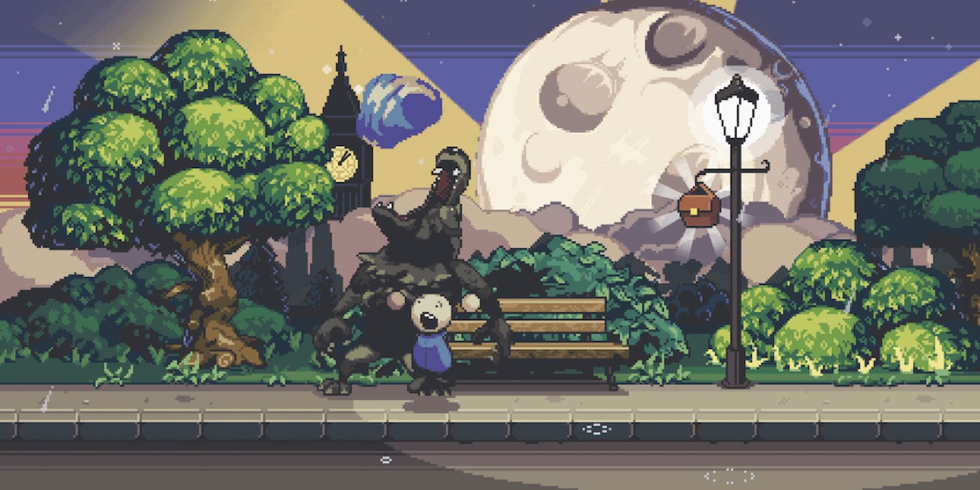 The werewolf emerges from behind the park bench to eat a citizen of the city in Werewolf Tycoon.
